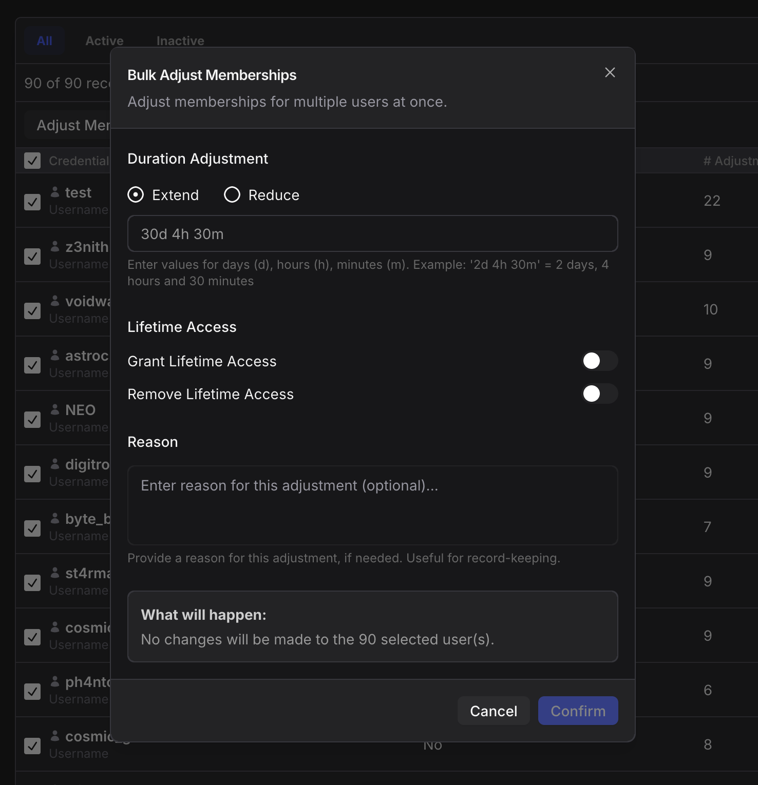 Bulk adjust memberships dialog